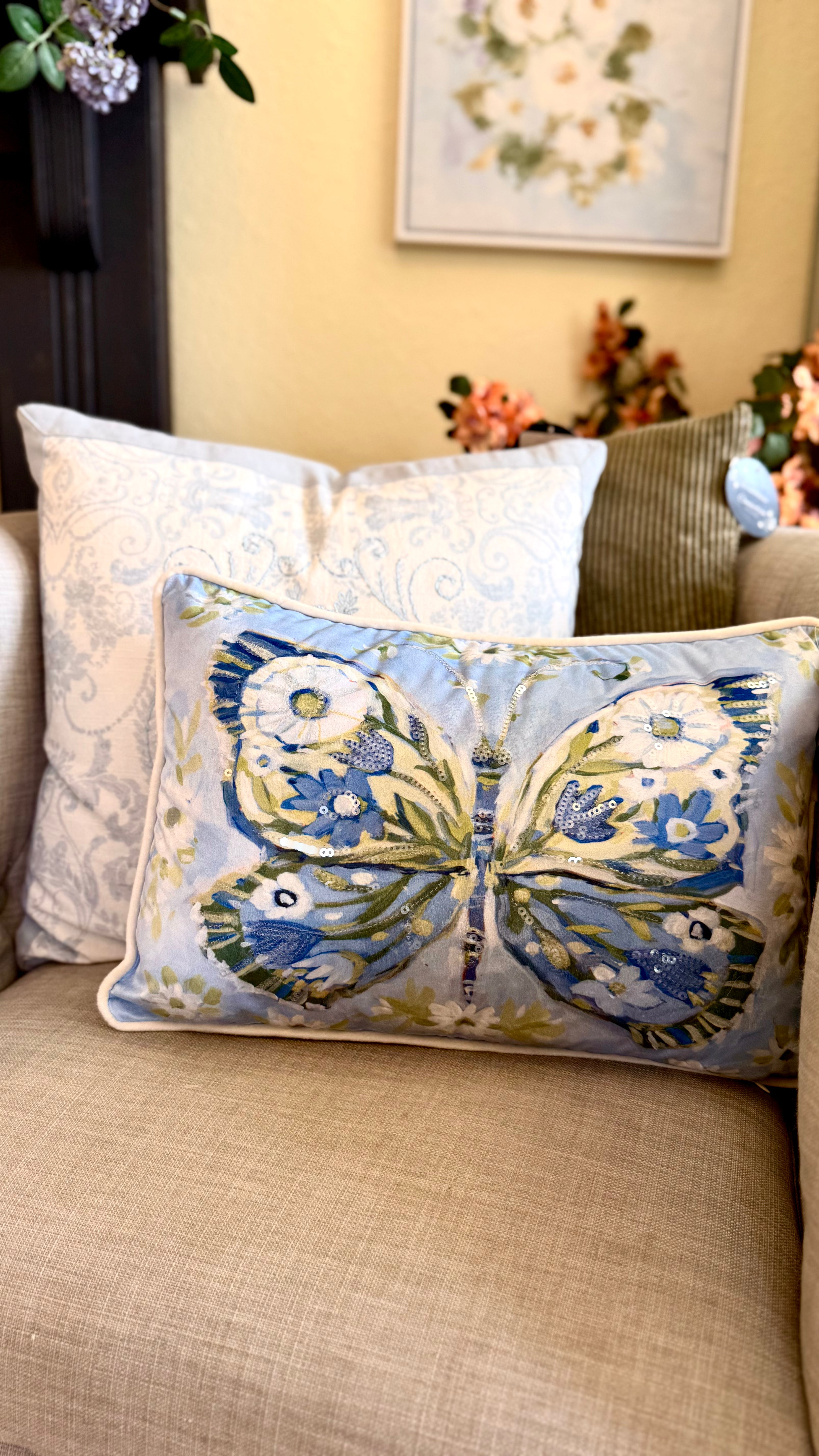 Blue & White Damask Floral Pillow