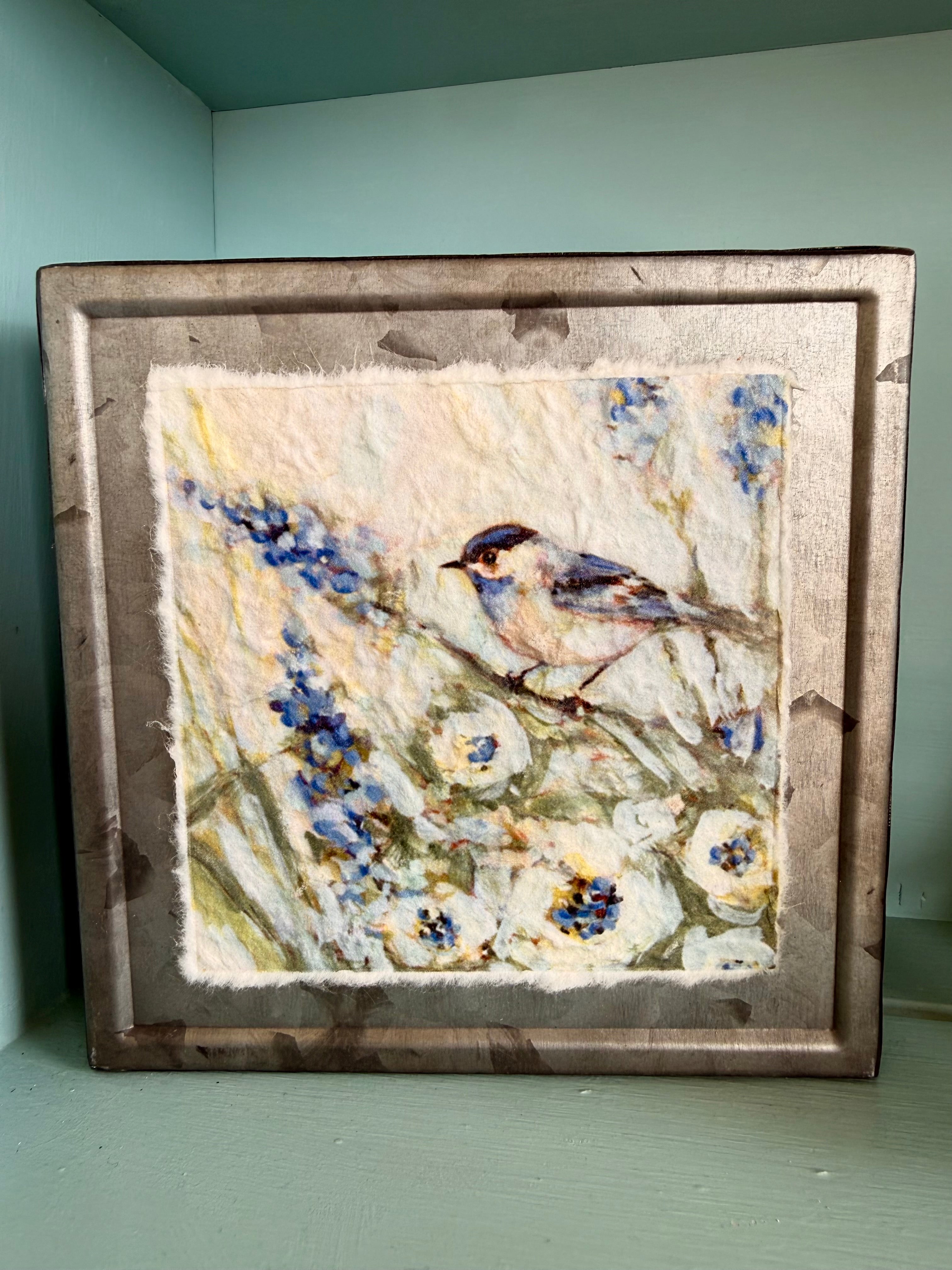 Chickadee on Lavender Textured Paper Galvanized Frame